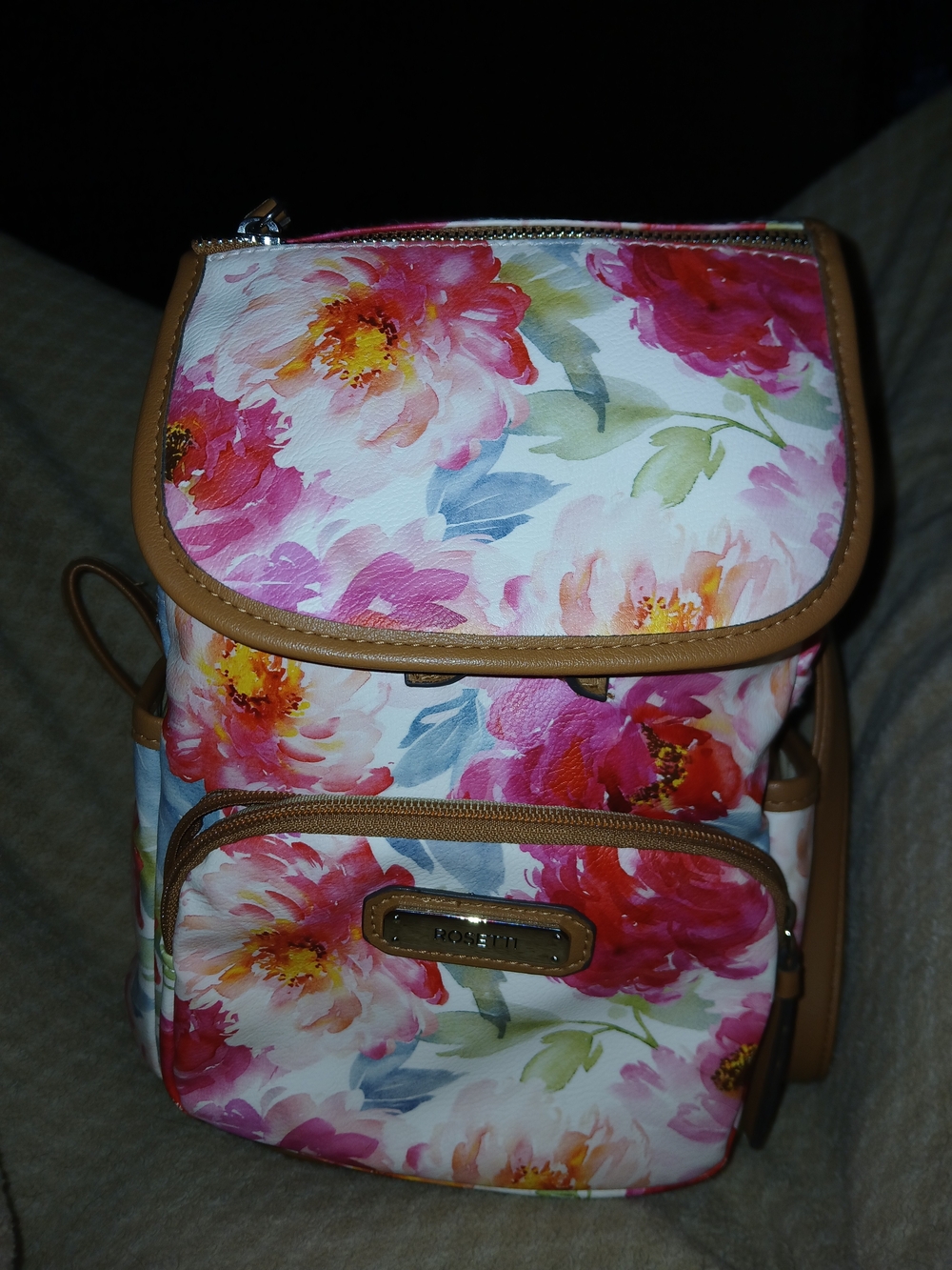 Rosetti Floral Backpack in Pink, White & Tan Trim - Picture 3 of 9